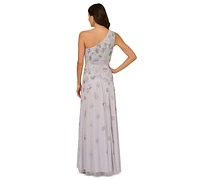 Adrianna Papell Women's Asymmetric-Neck Beaded Mesh Gown