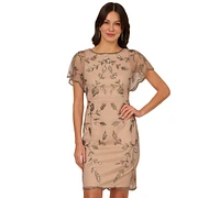 Adrianna Papell Women's Beaded Flutter-Sleeve Sheath Dress