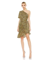 Mac Duggal Women's Floral Print Draped One Sleeve Ruffled Hem Gown