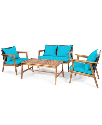 Gymax 4 Piece Patio Conversation Set Outdoor Furniture Set w/ Cushions