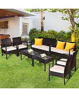 Gymax Piece Patio Rattan Set Sectional Sofa Glass Table w/ Cushions