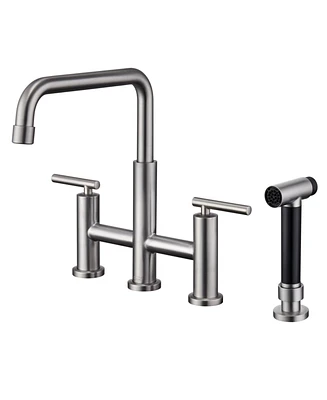 Bridge Kitchen Faucet with Side Sprayer Brushed Gold 8 Inch 4 Hole Double Handle Vintage Widespread Stainless Steel Sink