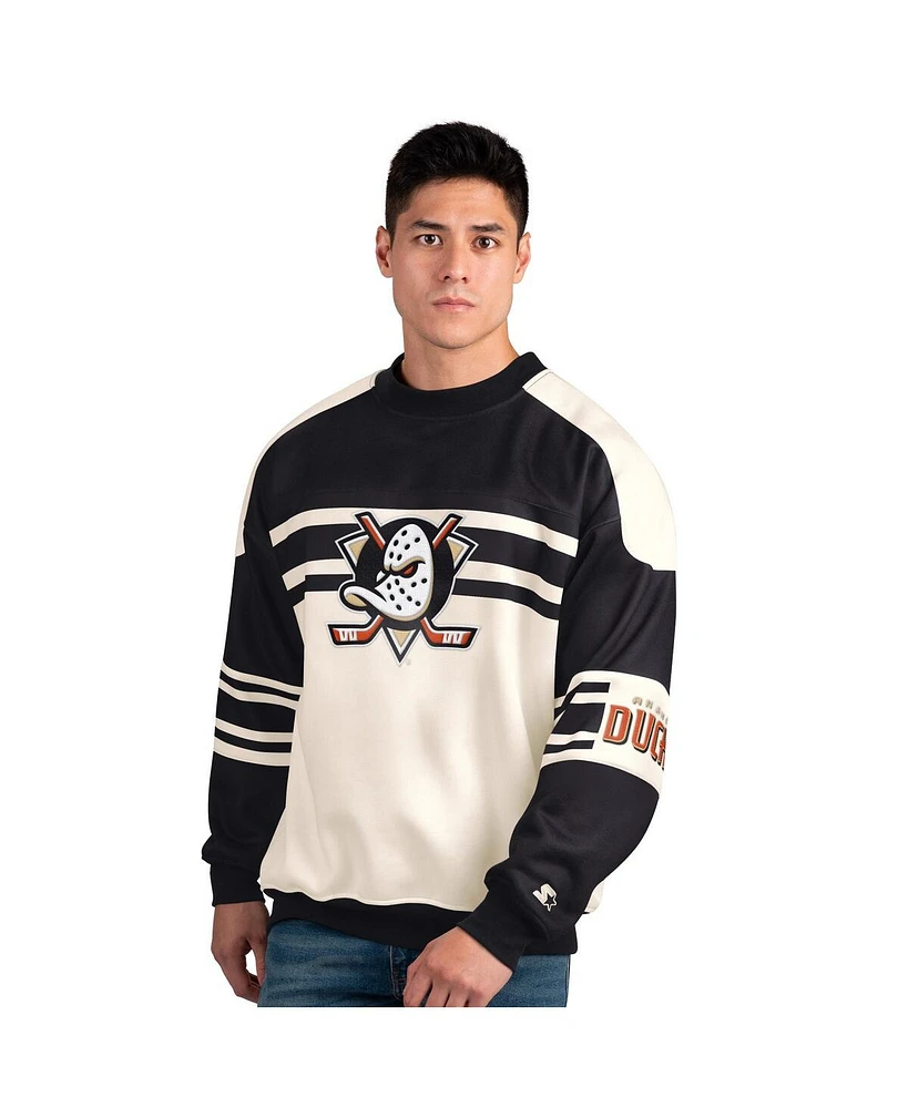 Starter Men's Cream/Black Anaheim Ducks Defense Fleece Crewneck Pullover Sweatshirt