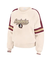 Wear by Erin Andrews Women's Cream Florida State Seminoles Chenille Woven Patch Stripe Pullover Sweater