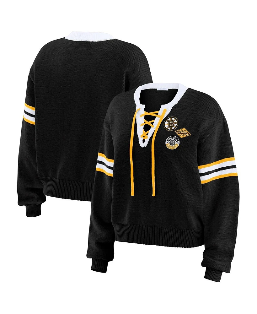 Wear by Erin Andrews Women's Black Boston Bruins Cropped Lace-Up Sweater