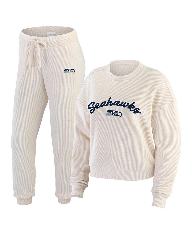 Wear by Erin Andrews Women's Oatmeal Seattle Seahawks Plus Rib-Knit Long Sleeve T-Shirt & Pants Lounge Set