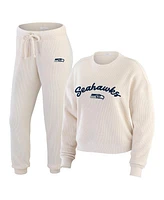 Wear by Erin Andrews Women's Oatmeal Seattle Seahawks Plus Rib-Knit Long Sleeve T-Shirt & Pants Lounge Set