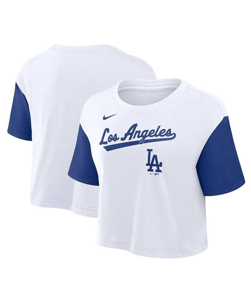 Nike Women's White/Royal Los Angeles Dodgers Script Cropped Performance T-Shirt