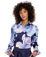 Muse Women's Floral Satin Collared Button-Front Blouse