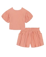 Kids Headquarters Toddler and Little Girls 2-Piece Floral Embroidered Top Crinkle Knit Shorts Set