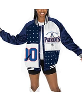 Gameday Couture Women's Navy/White New England Patriots Oversized Hot Shot Rhinestone Throwback Full-Snap Varsity Bomber Jacket