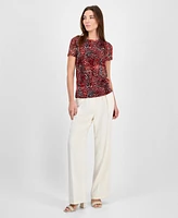 Bar Iii Women's Printed Mesh Crewneck Short-Sleeve Top, Exclusively at Macy's