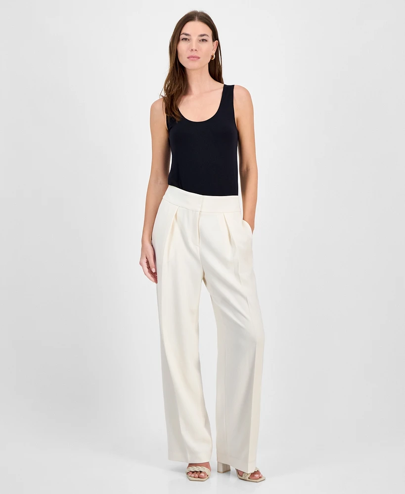 Bar Iii Women's Crepe High Rise Pleated Wide-Leg Pants, Exclusively at Macy's