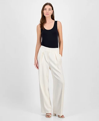 Bar Iii Women's Crepe High Rise Pleated Wide-Leg Pants, Exclusively at Macy's