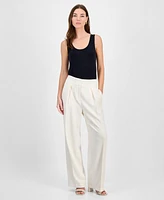 Bar Iii Women's Crepe High Rise Pleated Wide-Leg Pants, Exclusively at Macy's