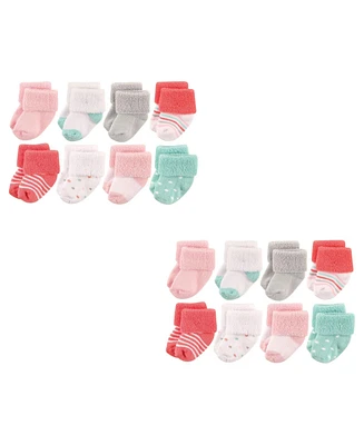 Luvable Friends Baby Girls Newborn Terry Socks, Coral Dot 16-Piece