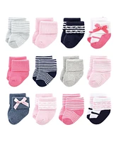 Luvable Friends Baby Girls Newborn Terry Socks, Pink Scroll, 0-6 Months