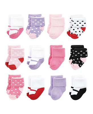 Luvable Friends Baby Girls Newborn Terry Socks, Mary Janes 12-Pack