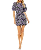 Mac Duggal Women's Bubble Sleeve Brocade Mini Dress