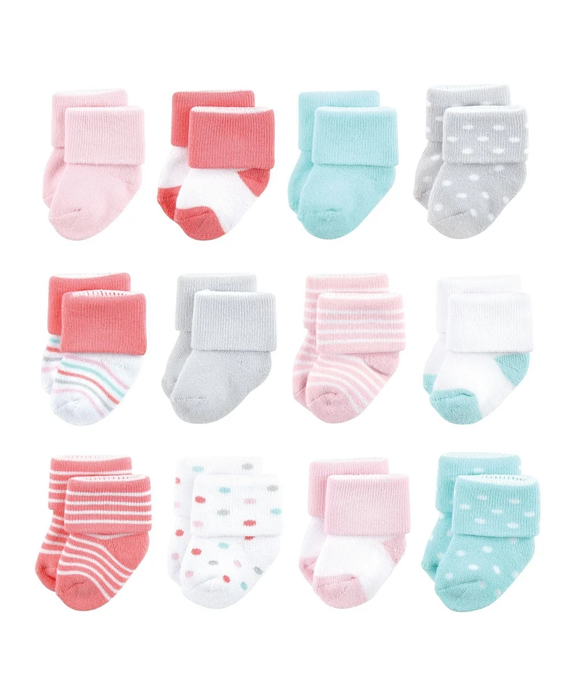 Luvable Friends Baby Girls Newborn Terry Socks, Coral Dots 12-Pack, 0-6 Months