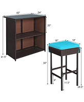 3PCS Patio Rattan Wicker Bar Table Stools Dining Set Cushioned Chairs