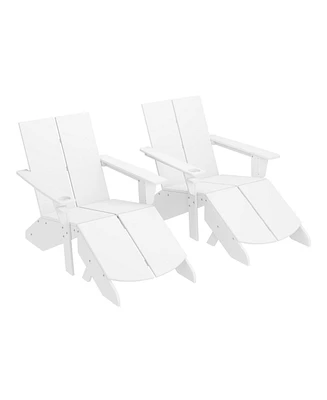 Outdoor 4-Piece Hdpe Modern Adirondack Chairs Set with Folding Patio Ottomans and Cup Holder