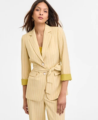 Tahari Asl Women's Pinstriped Notched Collar Belted Blazer