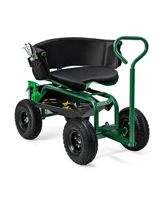 Cushioned Rolling Garden Cart Scooter with Storage Basket and Tool Pouch