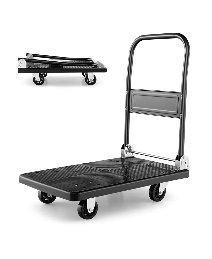 Folding Push Cart Dolly, Moving Platform Hand Truck w/ 360° Swivel Wheels, Spacious & Non-Slip Loading Area, Rolling Flatbed Cart for Loading & S
