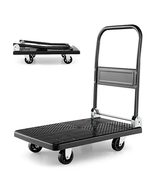 Folding Push Cart Dolly, Moving Platform Hand Truck w/ 360° Swivel Wheels, Spacious & Non-Slip Loading Area, Rolling Flatbed Cart for Loading & S