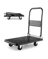 Folding Push Cart Dolly, Moving Platform Hand Truck w/ 360° Swivel Wheels, Spacious & Non-Slip Loading Area, Rolling Flatbed Cart for Loading & S