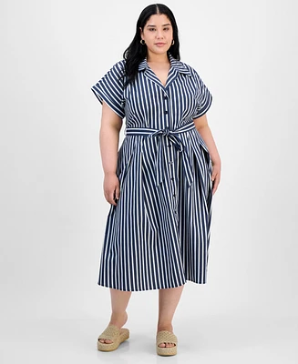 Robbie Bee Plus Striped Tie-Waist Button-Down Cotton Midi Dress