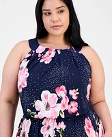 Robbie Bee Plus Floral-Print Pleat-Neck Jersey Dress