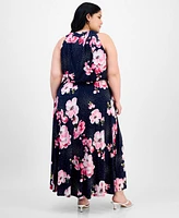 Robbie Bee Plus Floral-Print Pleat-Neck Jersey Dress
