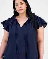 Robbie Bee Plus Flutter-Sleeve Tie-Neck Shift Dress