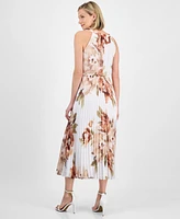 Robbie Bee Petite Floral-Print Elastic-Waist Pleated Halter Midi Dress