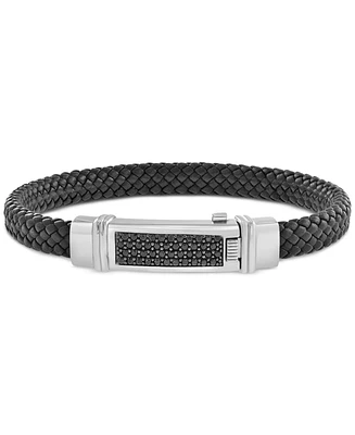 Effy Men's Black Spinel Pave Woven Black Leather Bracelet (3/4 ct. t.w.) in Sterling Silver
