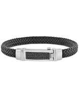 Effy Men's Black Spinel Pave Woven Black Leather Bracelet (3/4 ct. t.w.) in Sterling Silver