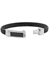 Effy Men's Black Spinel Pave Woven Black Leather Bracelet (3/4 ct. t.w.) in Sterling Silver