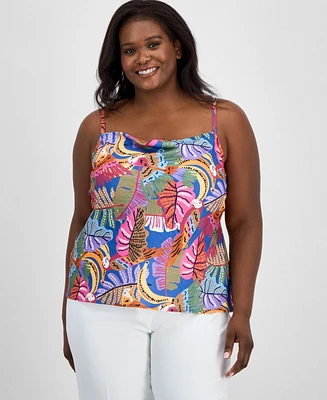 Tahari Asl Plus Printed Satin Draped-Neck Camisole Top