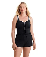 ShapeSolver Sport by Mimi Flamingo Women's Shirred Zipper Tank One Piece Swimsuit