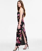 B Darlin Women's Cowlneck Side-Slit Floral-Print Slip Dress