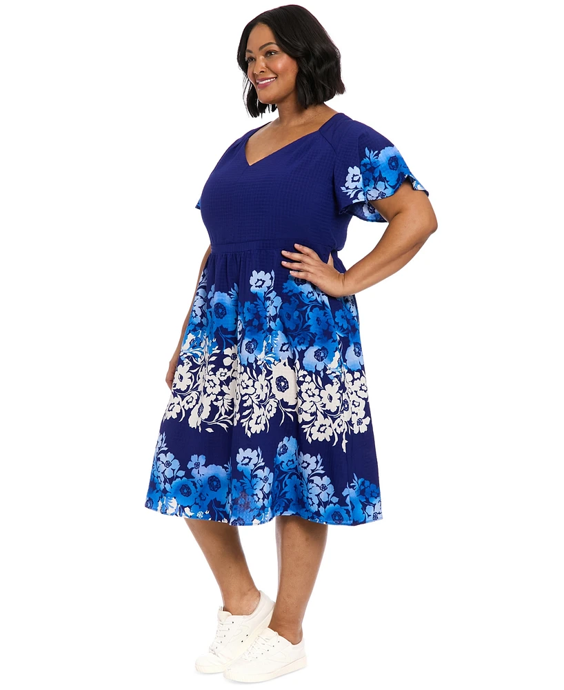 London Times Plus Placed-Floral Flutter-Sleeve Dress