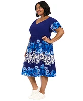 London Times Plus Placed-Floral Flutter-Sleeve Dress