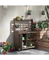 Outsunny Wooden Potting Bench with Storage, Sink, Water Tap, Natural