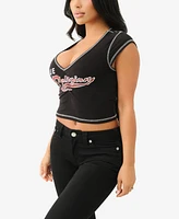 True Religion Women's Logo Ruching Cap Sleeve Top