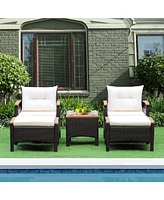 Gymax 5 Piece Pe Wicker Lounge Chair Outdoor Patio Rattan Furniture Set w/ Wood Tabletop Cushions