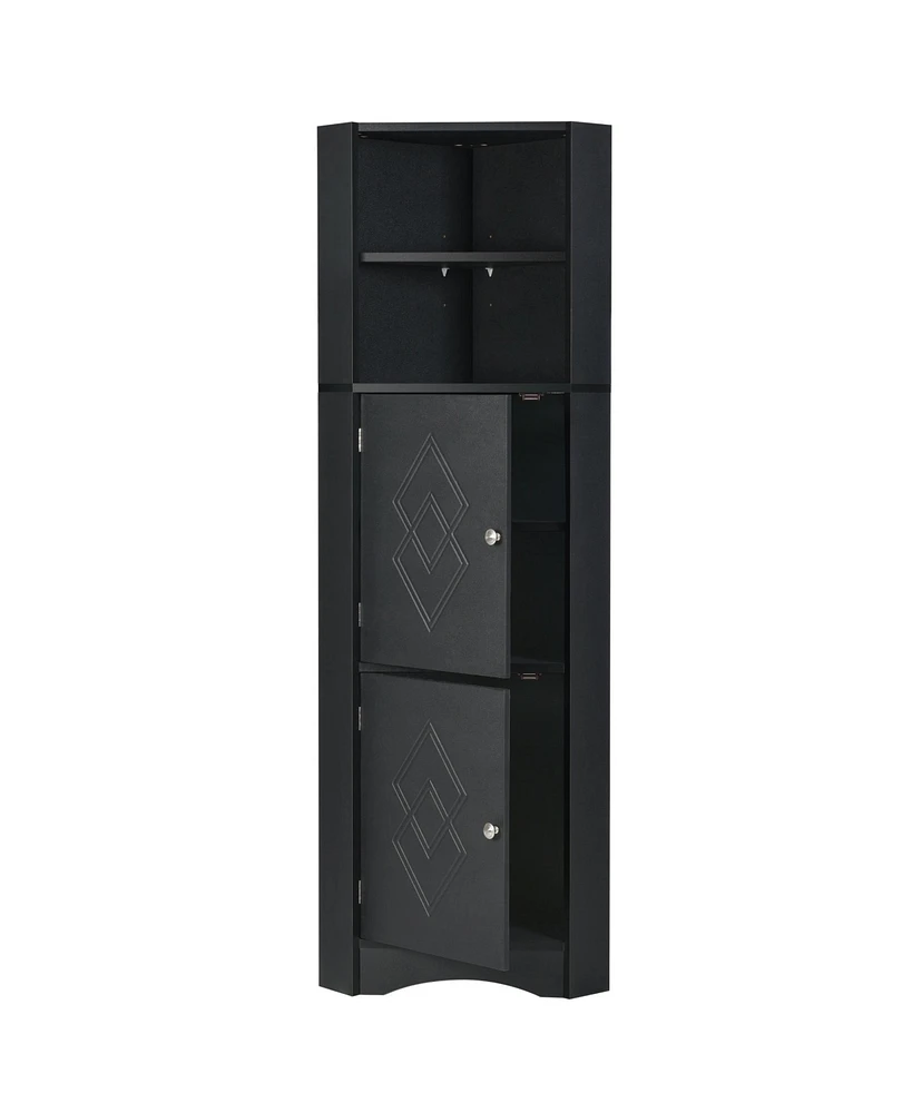Tall Bathroom Corner Cabinet, Freestanding Storage Cabinet with Doors and Adjustable Shelves, Mdf Board, Black