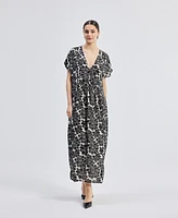 Reistor Women's Deep V-neck Maxi Dress with Front Gathers Black Florals