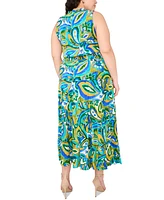 Msk Plus Printed Split-Neck Smocked-Waist Tiered Dress
